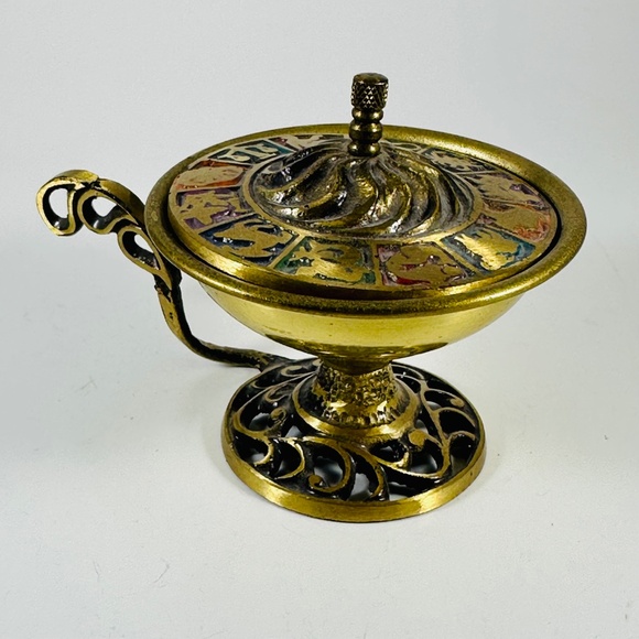 Miniature Brass Zodiac Incense Burner With Enameled Astrological Signs Oppenheim - Picture 2 of 5